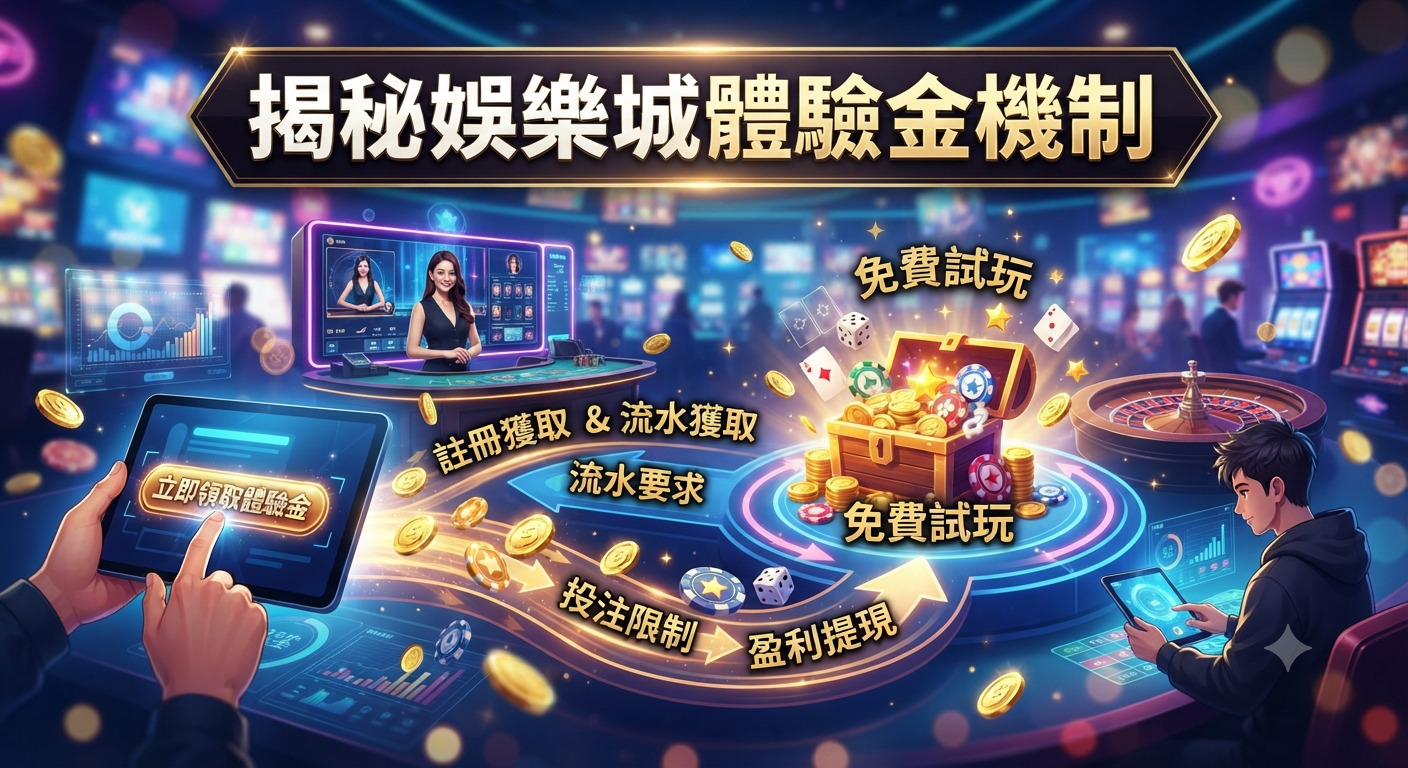 這張圖片以「揭秘娛樂城體驗金機制」為標題,展示了線上博弈平台的主題。 畫面融合了數位博弈元素與使用者互動場景,並透過圖解方式呈現體驗金的領取與流轉機制。