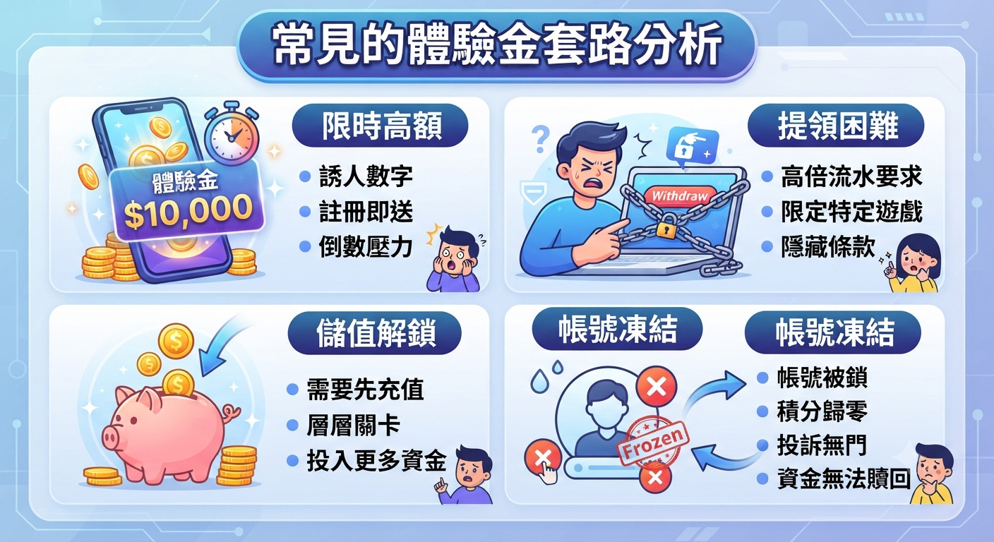 這張圖片以「常見的體驗金套路分析」為標題,並透過四個區塊詳細拆解了詐騙集團誘騙用戶的常見手法與風險。 圖中具體說明了限時高額誘餌、提領設置重重障礙、要求儲值解鎖及帳號無預警凍結等陷阱,提醒用戶提高警覺以免損失錢財。