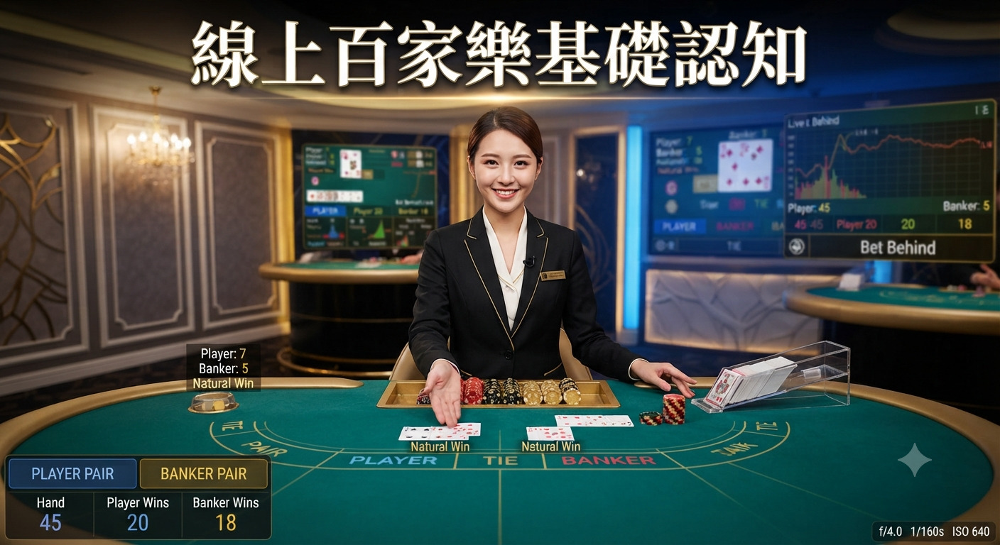 這是一張線上百家樂遊戲的畫面，身穿專業制服的荷官正在賭桌前引導遊戲。 畫面頂部中央以醒目字體標示了「線上百家樂基礎認知」的標題。
