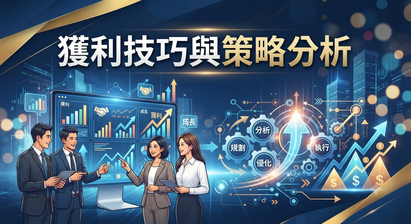 這張圖片以「獲利技巧與策略分析」為標題，展示了專業團隊正在進行數據分析與市場規劃。 畫面結合了金融圖表、成長曲線與齒輪運作圖示，體現了精確策略與業務優化的核心概念。