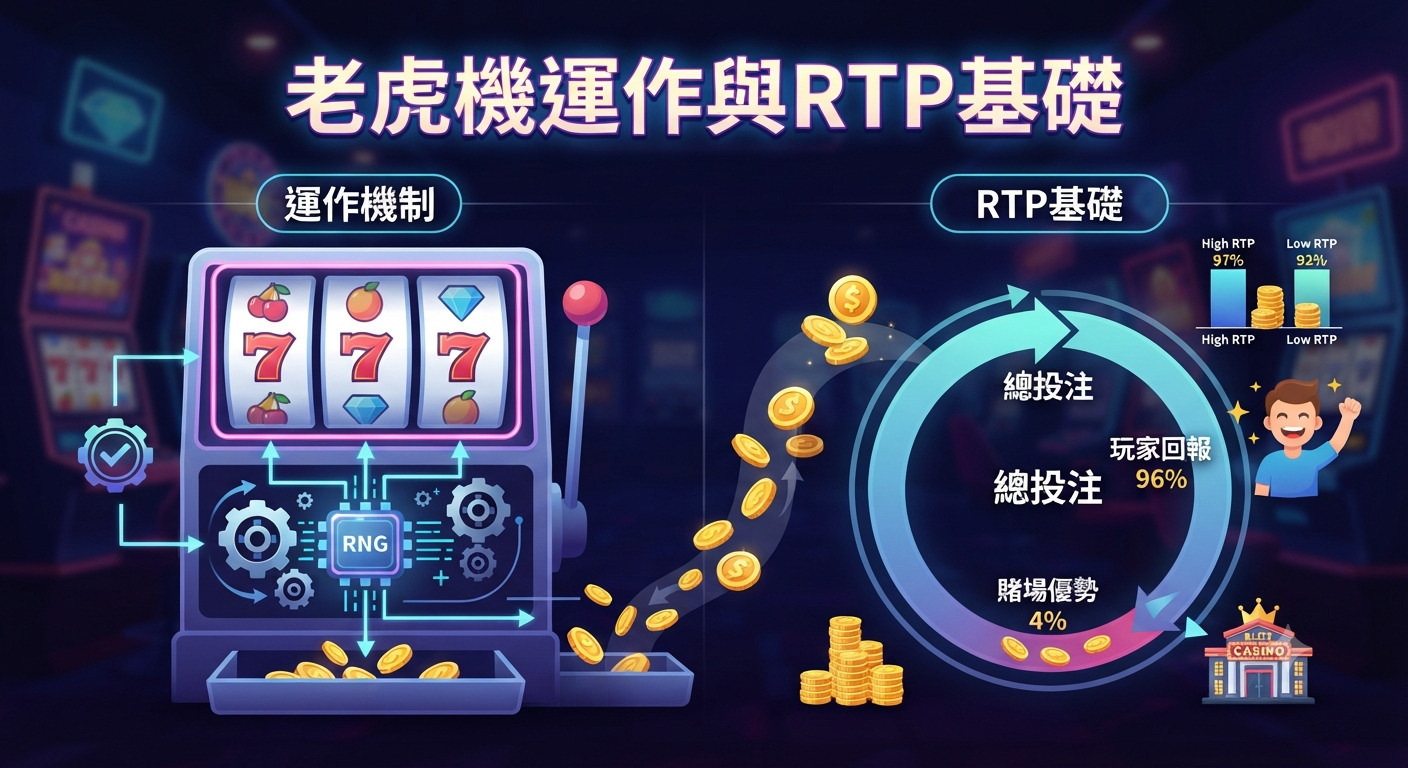 這張圖片標題為「老虎機運作與RTP基礎」，透過圖解展示了老虎機內部的隨機數生成器（RNG）機制。 右側則以圓形圖表呈現了RTP（玩家回報率）的概念，直觀地說明了總投注、玩家回報與賭場優勢之間的分配關係。