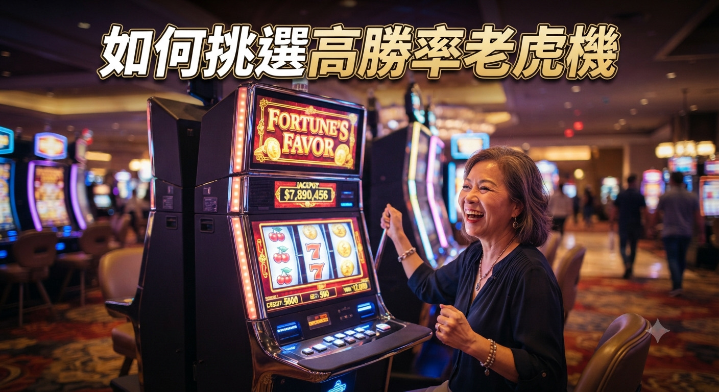 這張圖片展示了一位女士在賭場中興奮地玩著老虎機，屏幕上顯示著中獎的畫面。 圖片上方清晰地標示出主題文字：「如何挑選高勝率老虎機」。