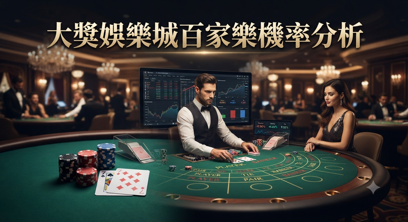 這張圖片呈現了一位專業荷官在豪華賭場中，正為玩家進行百家樂分析與發牌的場景。 畫面中央展示了詳細的機率數據圖表，整體風格高端且極具策略感。
