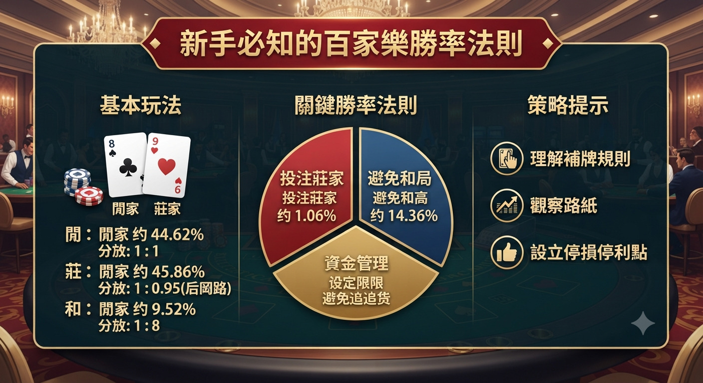 這是一張以賭場百家樂為主題的教學圖，標題強調「新手必知的百家樂勝率法則」。 圖片清晰呈現了基本玩法、勝率分析與關鍵策略，旨在幫助初學者快速掌握遊戲核心與風險管理。