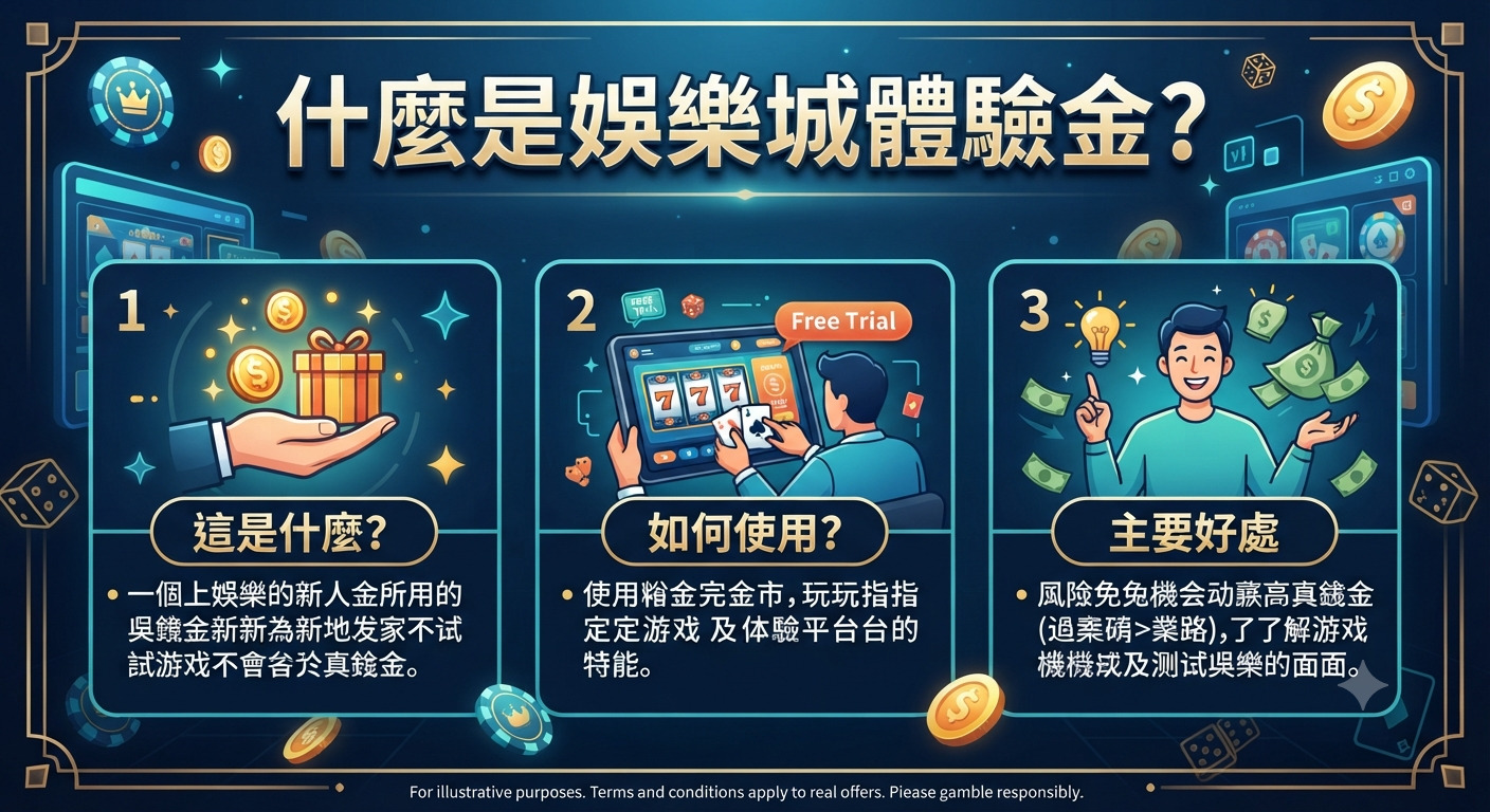 這張圖片以「什麼是娛樂城體驗金？」為標題，並透過三個步驟展示了其定義、使用方式與主要好處。 整體風格採用現代科技感的藍色調設計，並以圖示輔助說明線上娛樂平台的免費試玩機制。