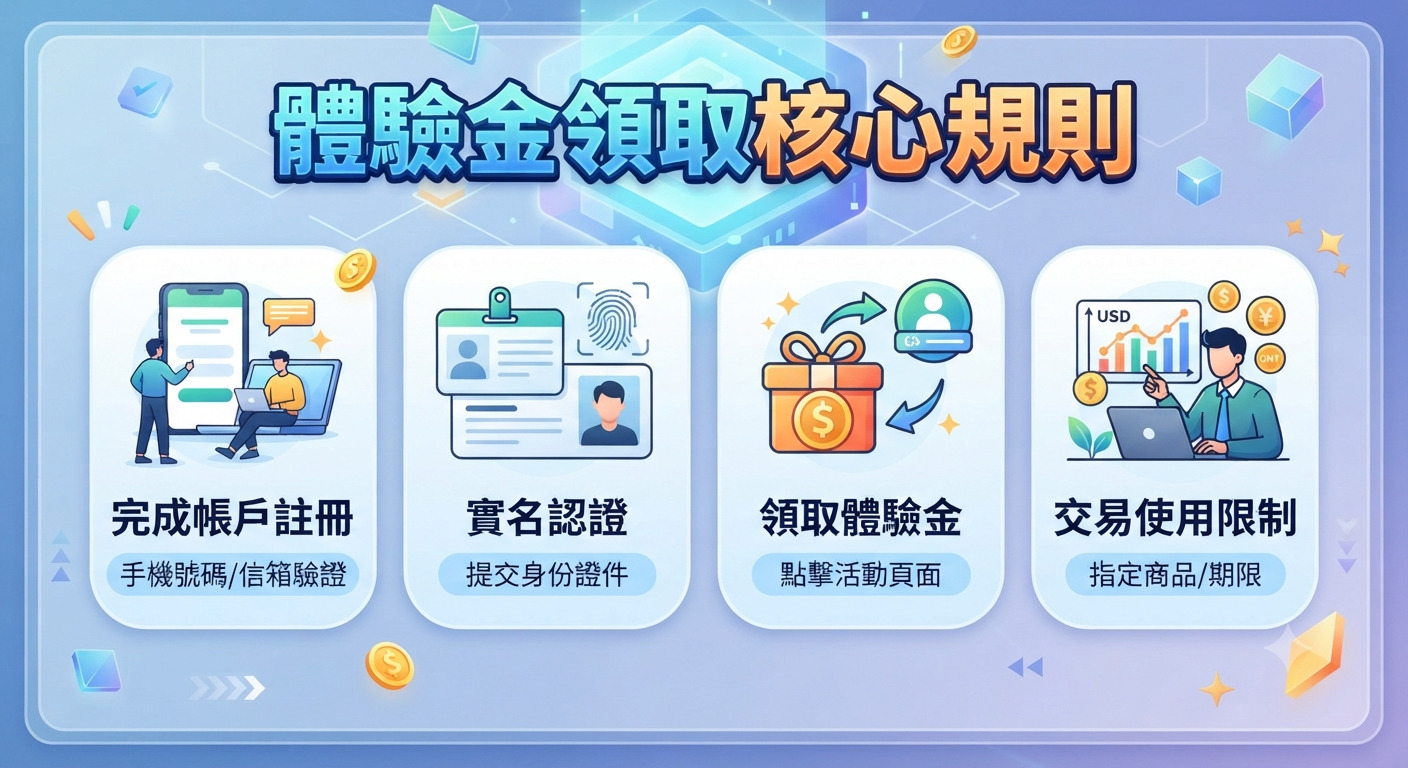 這張圖片展示了「體驗金領取核心規則」的四個步驟，包含註冊、實名認證、領取體驗金以及交易限制。 整體設計採用清新專業的藍色調風格，以圖標搭配文字清楚呈現領取流程，旨在幫助使用者快速理解操作規範。