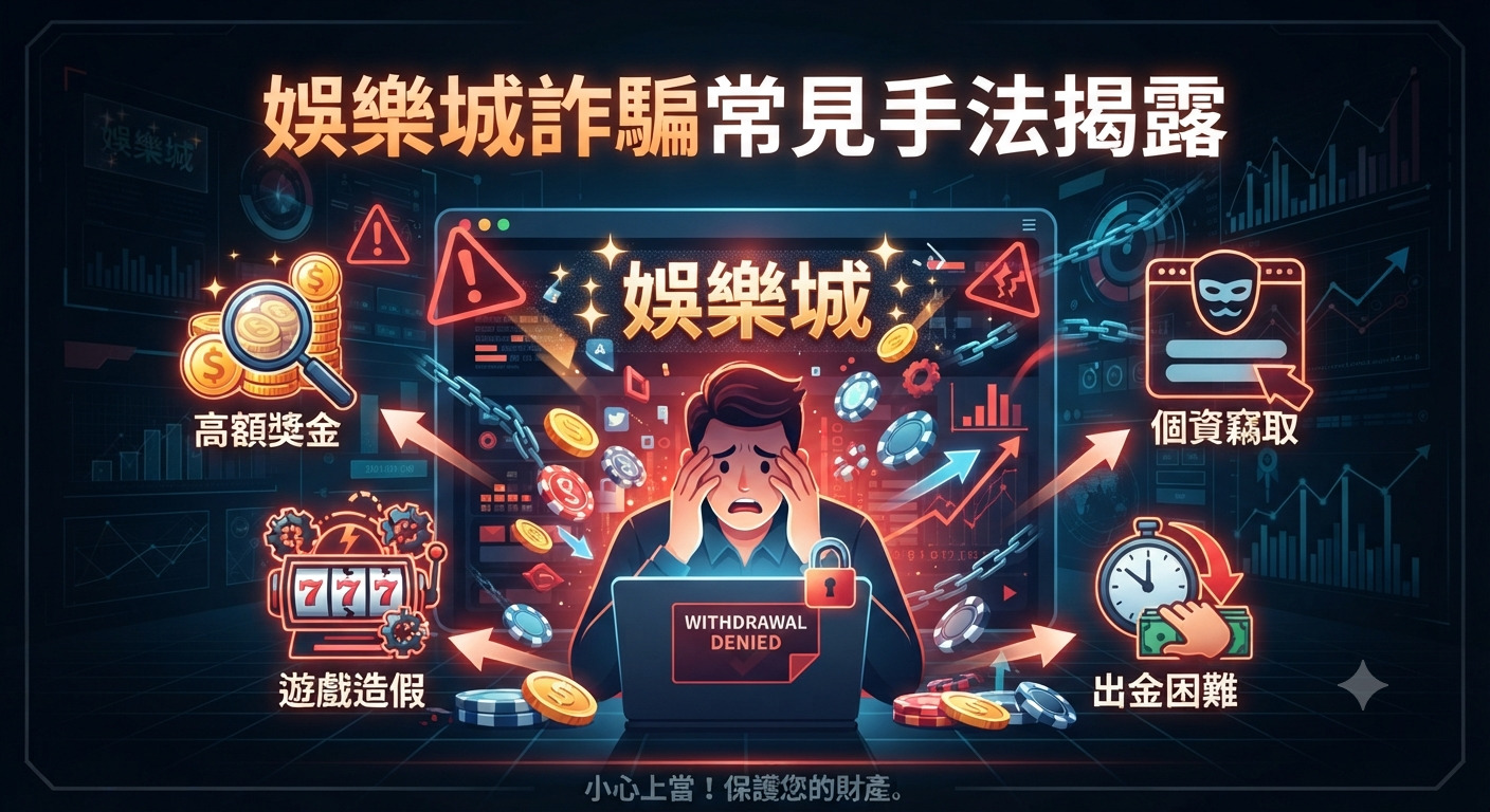 這張圖片揭露了線上娛樂城詐騙的常見手法,中央描繪了一位受害者因無法提領資金而感到恐慌的情境。 圖像周圍展示了高額獎金誘惑、個資竊取、遊戲造假及出金困難等警示標誌。