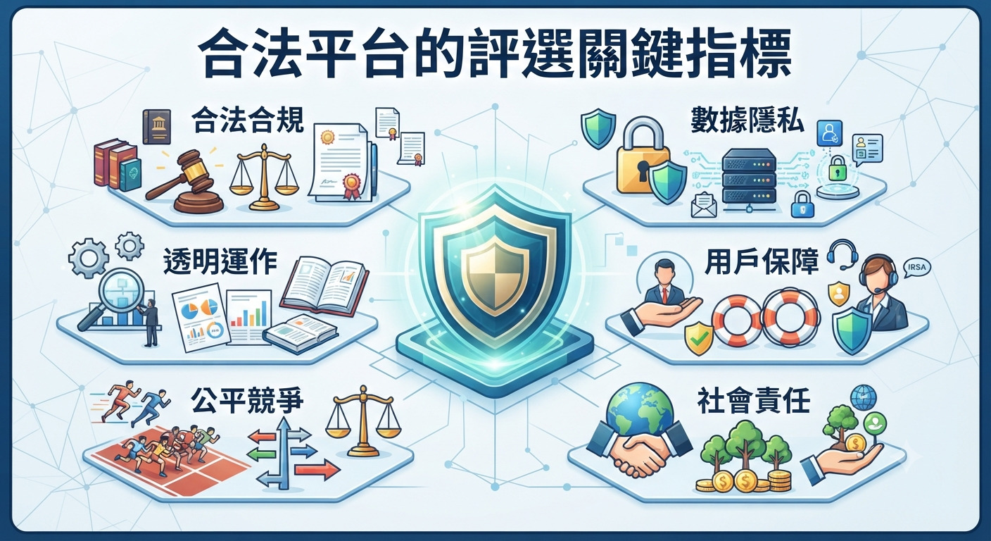 這張圖像以中央的防護盾牌為核心,象徵合法平台的安全性與穩健性。 周圍環繞的圖示分別代表合規性、數據隱私、透明運作、用戶保障、公平競爭與社會責任等評選指標。