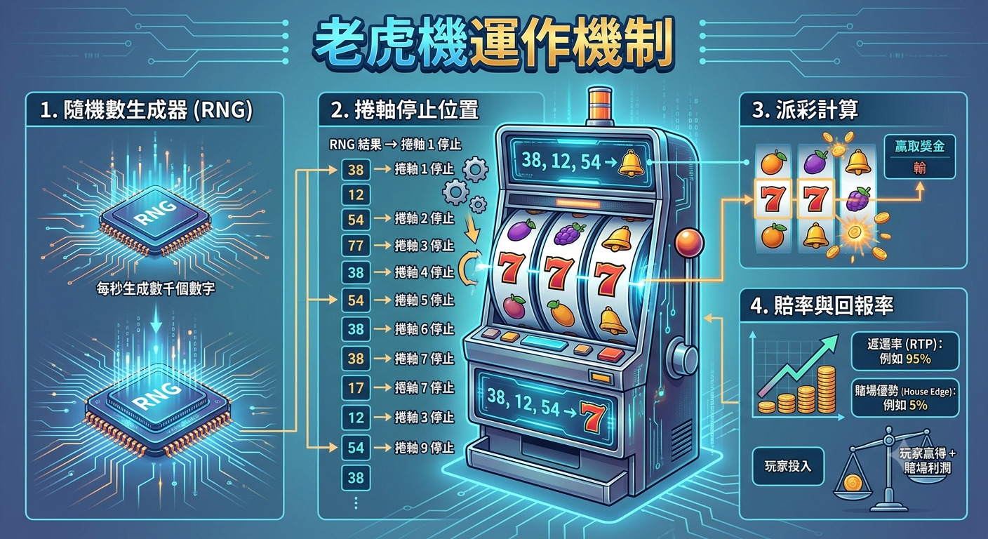 這張資訊圖表清晰地展示了老虎機運作機制,核心在於隨機數生成器(RNG)決定的結果。 圖中詳細解析了卷軸停止邏輯、派彩計算過程,以及 RTP 回報率與賭場優勢的數學關係。