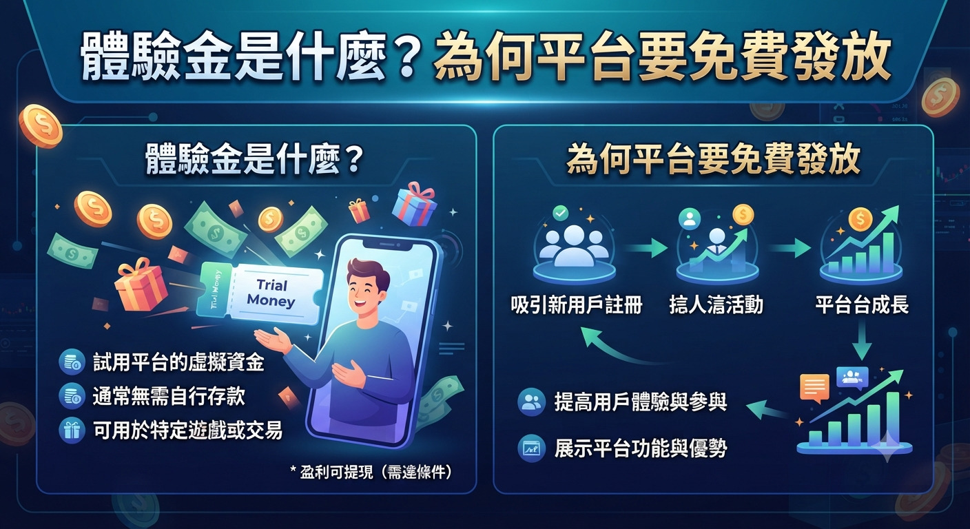 這張圖片以清晰的圖解方式解釋了「體驗金」的概念及其發放目的。 左側說明體驗金為無需存款即可試用的平台虛擬資金，右側則分析了平台透過此策略吸引註冊並推動成長的經營邏輯。