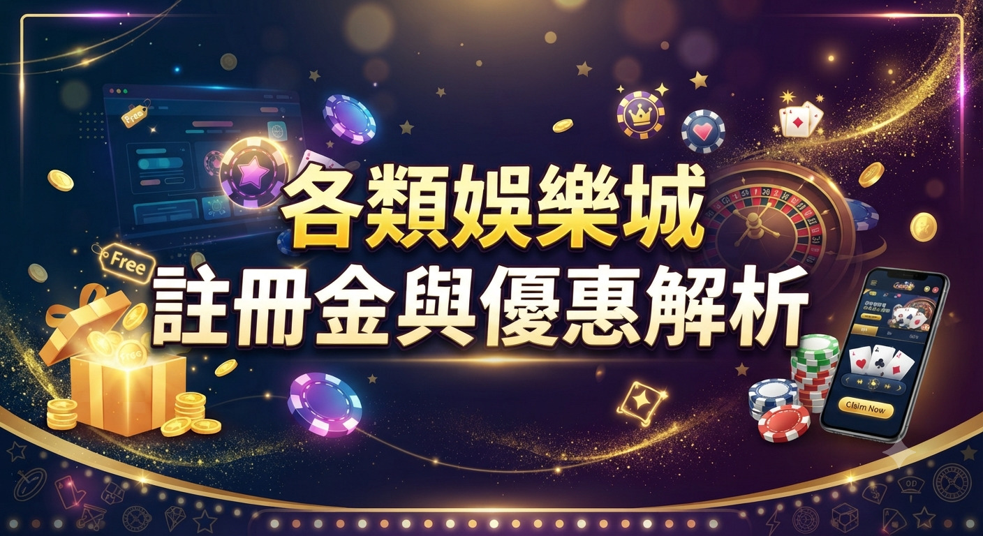 這張圖片以華麗的深紫色為背景，融合了賭場籌碼、撲克牌與手機遊戲介面等娛樂元素，並在中央顯眼處展示了「各類娛樂城註冊金與優惠解析」的金色大標題。 整體設計運用了閃耀的金色光影特效，營造出高級且具備吸引力的博弈娛樂氛圍，精確地傳達了主題內容。