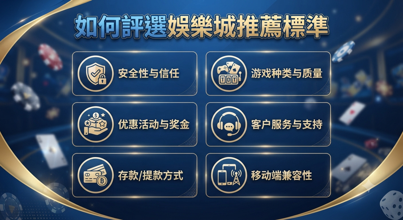 這張圖片以專業的深藍色調為背景，強調娛樂城評選標準的專業性。 圖片上方展示了「如何評選娛樂城推薦標準」的標題，並列出了安全性、遊戲質量、優惠、客服、支付及移動端兼容性等六大核心指標。