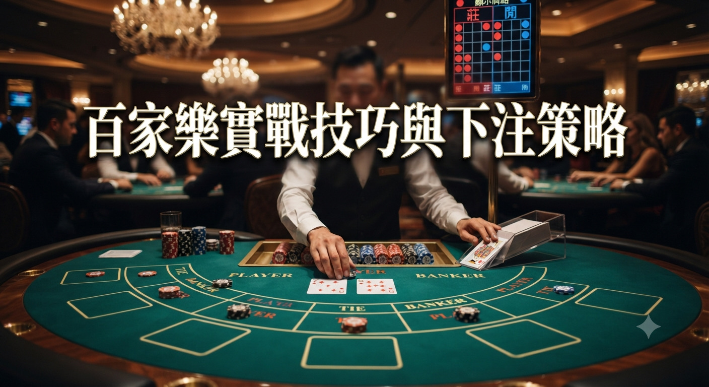 這是一張以百家樂為主題的賭場實景圖片,畫面中央印有精準的繁體中文標題。 背景展現了專業的賭桌、籌碼、牌靴以及顯示路單的電子螢幕。