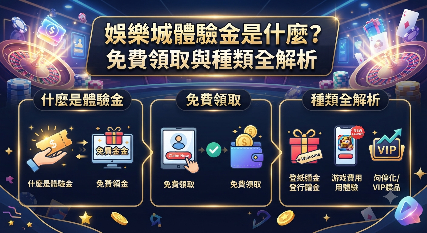 圖片展示了線上娛樂城的佈景，中央醒目地標示著主題文字。 整體畫面融合了博弈元素與體驗金的領取與種類解析視覺。