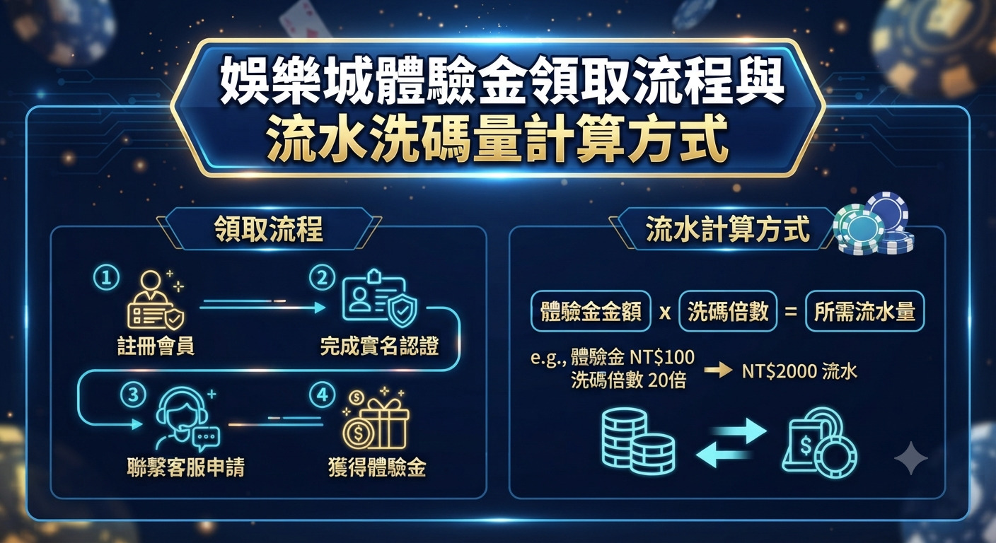 這張圖片展示了娛樂城的體驗金領取流程與流水洗碼量的計算方式。 畫面採用科技感十足的深藍色調，並搭配清晰的圖解與步驟說明。