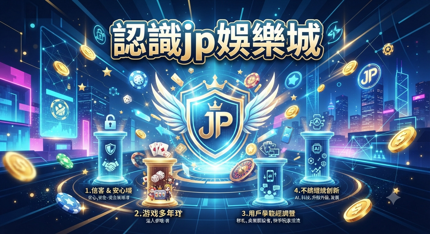 這張圖片展示了「認識jp娛樂城」的品牌核心與優勢，背景融合了數位科技與娛樂城的華麗元素。 畫面中央設有品牌標誌與四大優勢的柱子，營造出安全、創新且專業的線上娛樂氛圍。