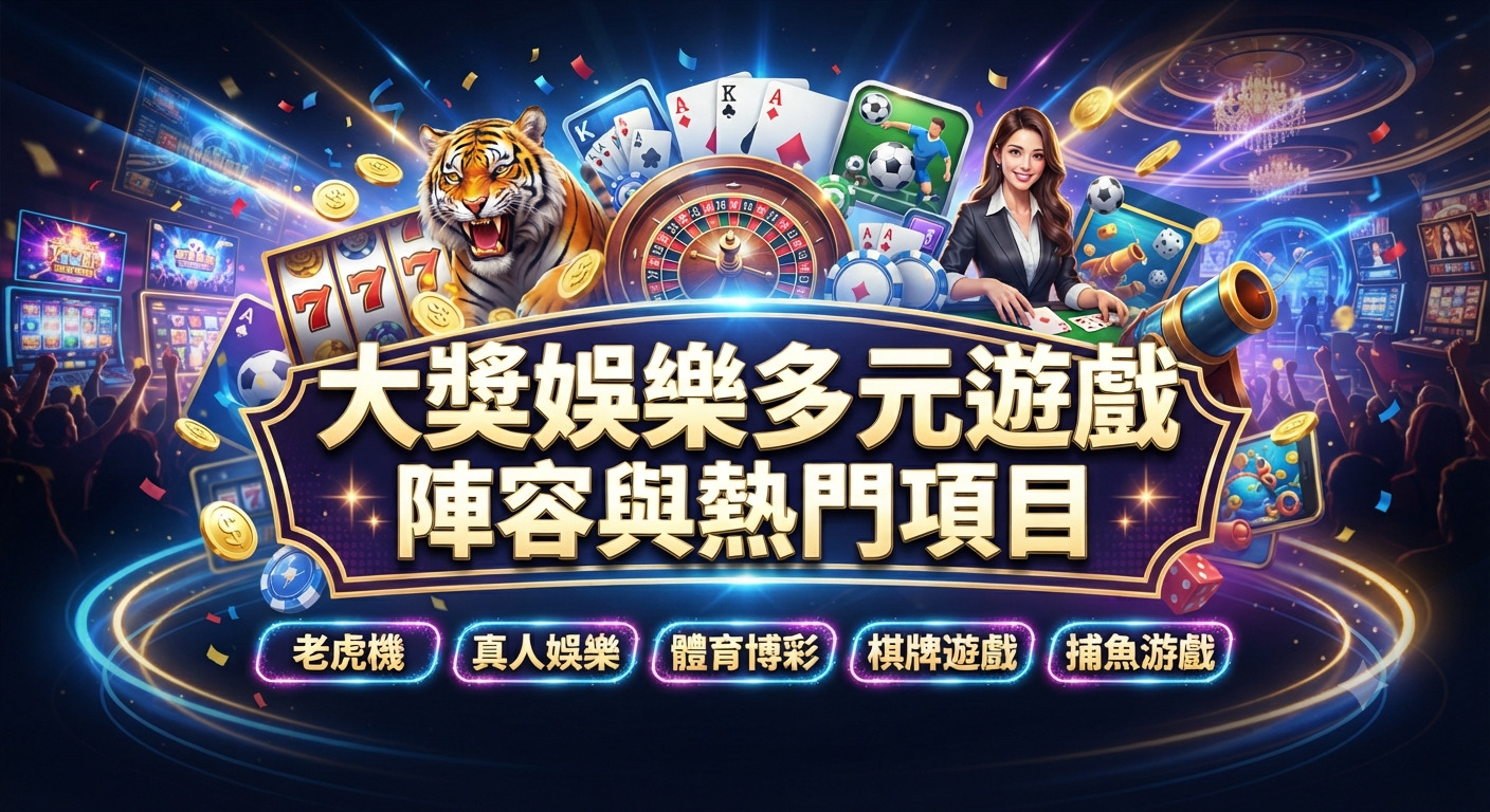 這是一張以「大獎娛樂多元遊戲陣容與熱門項目」為主題的賭場宣傳圖片。 畫面上方展示了老虎機、撲克牌與真人娛樂等元素，中央則醒目地印有大字標題。