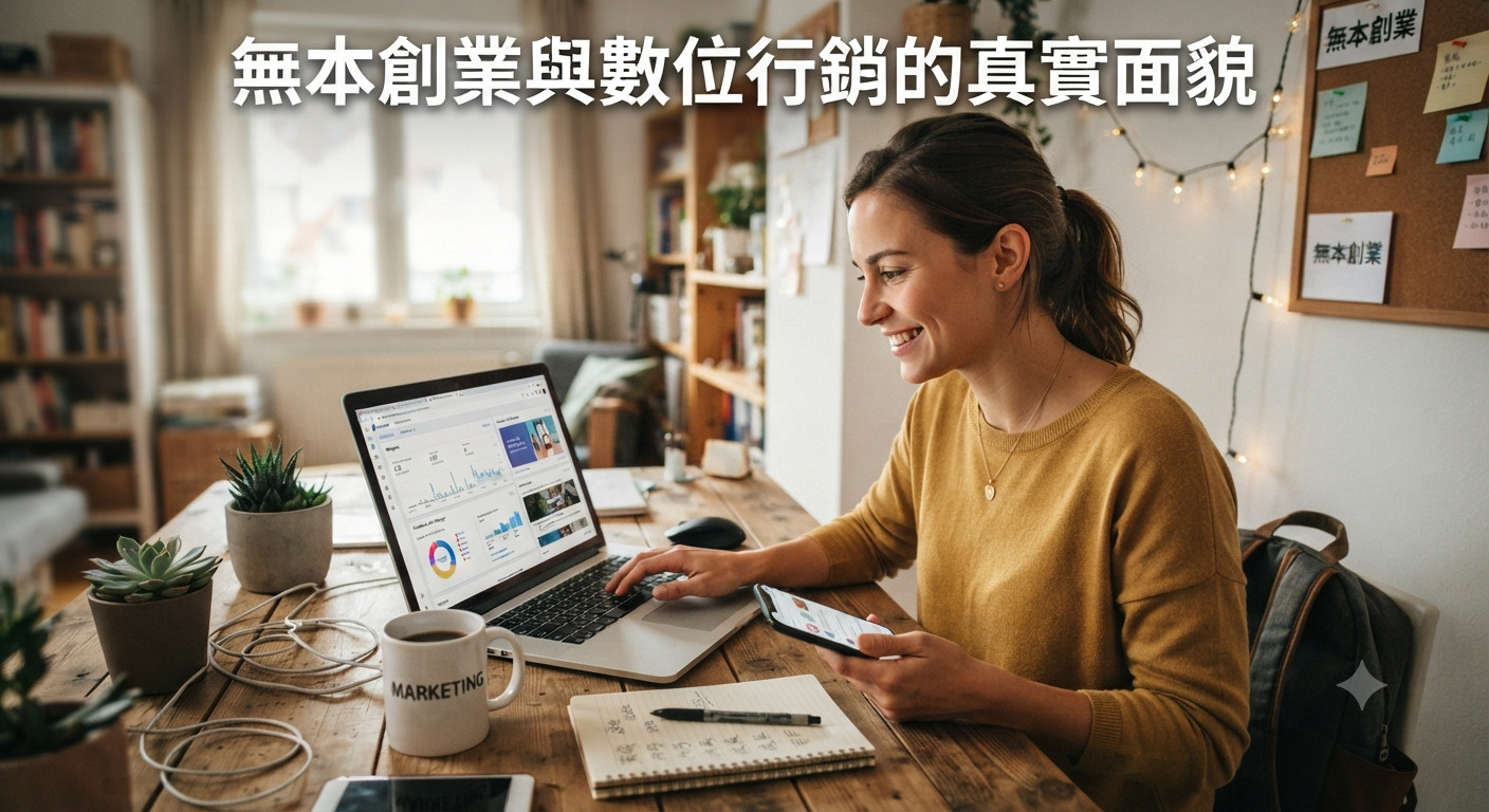這是一張描繪無本創業與數位行銷情境的照片。 畫面中一位女性正專注於使用筆電與手機工作。