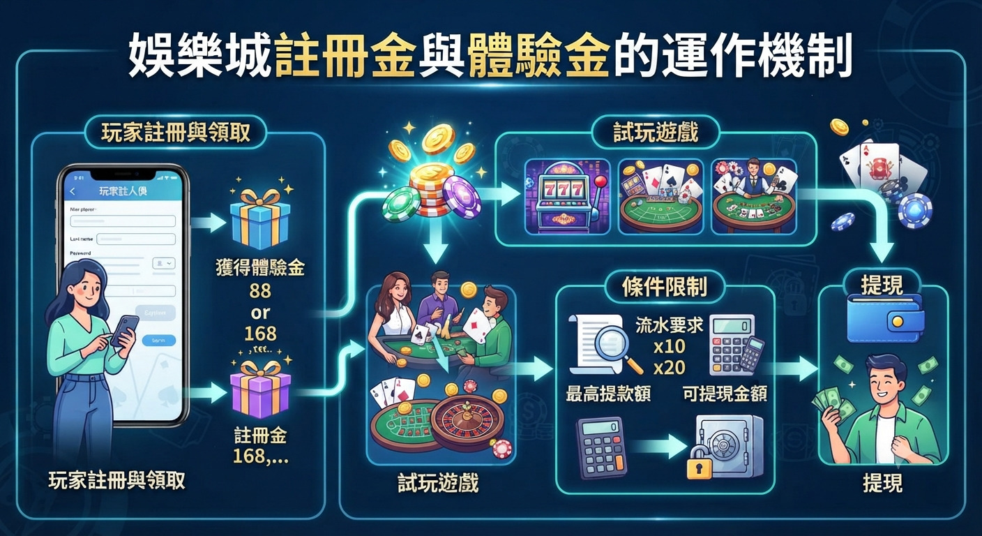 圖片展示了娛樂城註冊金與體驗金的運作機制，透過圖解說明玩家從註冊領取、試玩遊戲、條件限制到最終提現的完整流程。 畫面頂部清晰標示著主題標題，並以現代數位風格整合了手機註冊、籌碼流向與提現錢包等視覺元素。