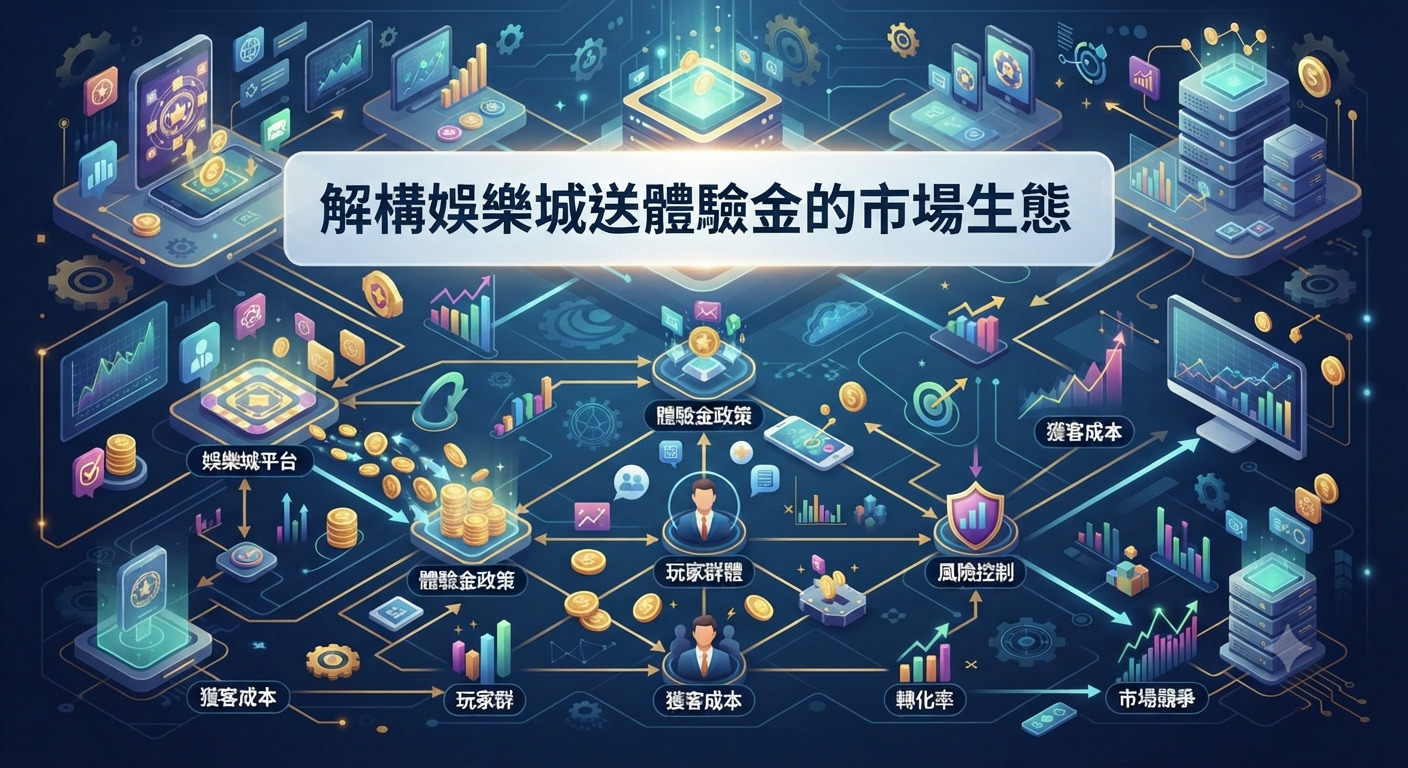 圖片展示了解構娛樂城送體驗金市場生態的複雜網絡與數據圖表。 核心標題醒目地呈現了該主題,周圍則環繞著平台、政策與玩家間的互動關係。