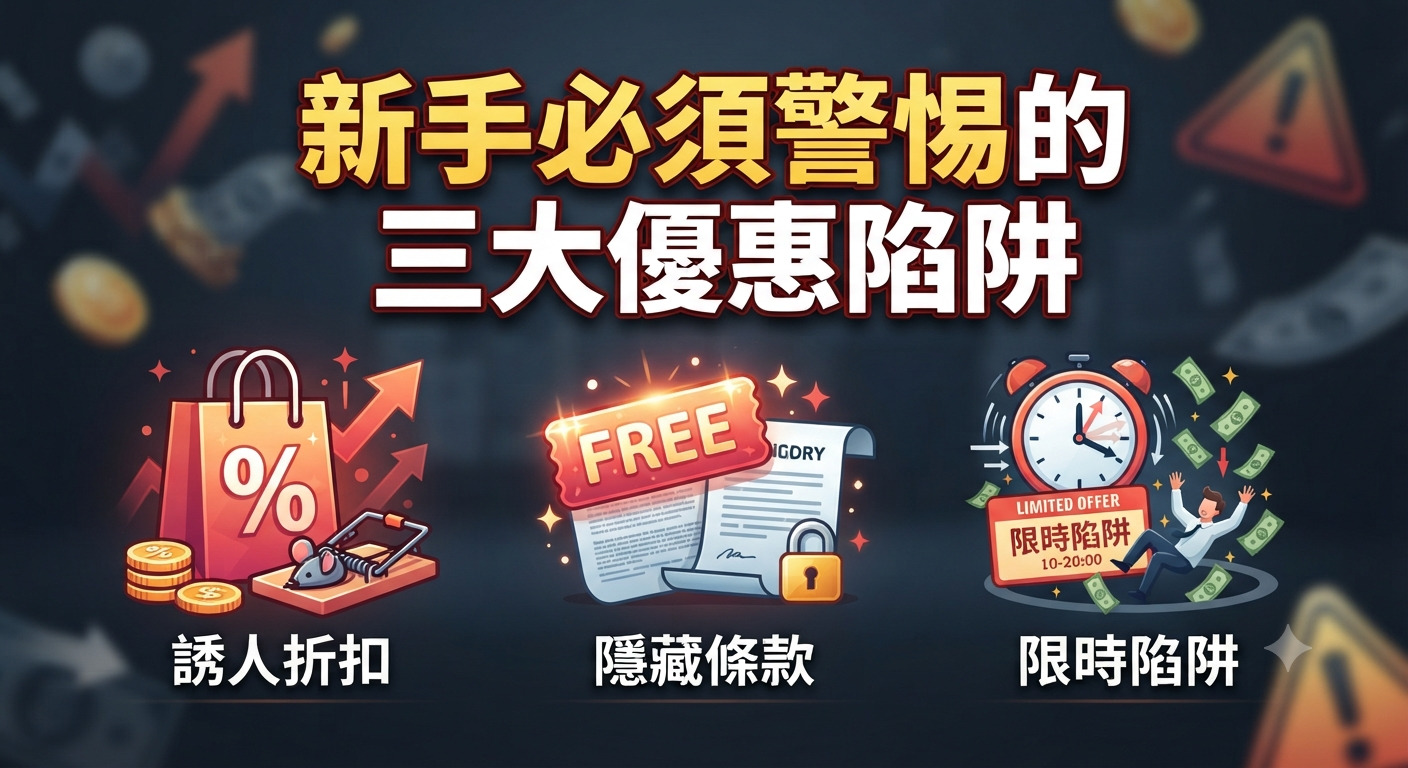 圖片上方醒目地顯示了「新手必須警惕的三大優惠陷阱」的主標題。 下方則透過三個圖標分別標示了誘導折扣、隱藏條款與限時陷阱的概念。
