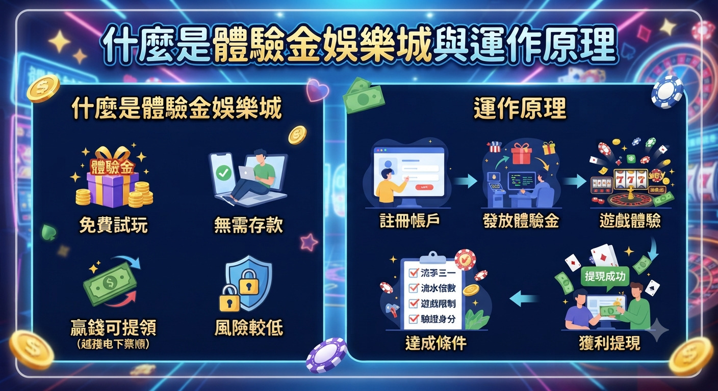 圖片標題為「什麼是體驗金娛樂城與運作原理」，內容以圖表形式介紹免費試玩娛樂城的概念與步驟。 左側說明無須存款、免費試玩及贏錢可提領等特色，右側則展示註冊帳戶、發放體驗金到獲利提現的運作原理。
