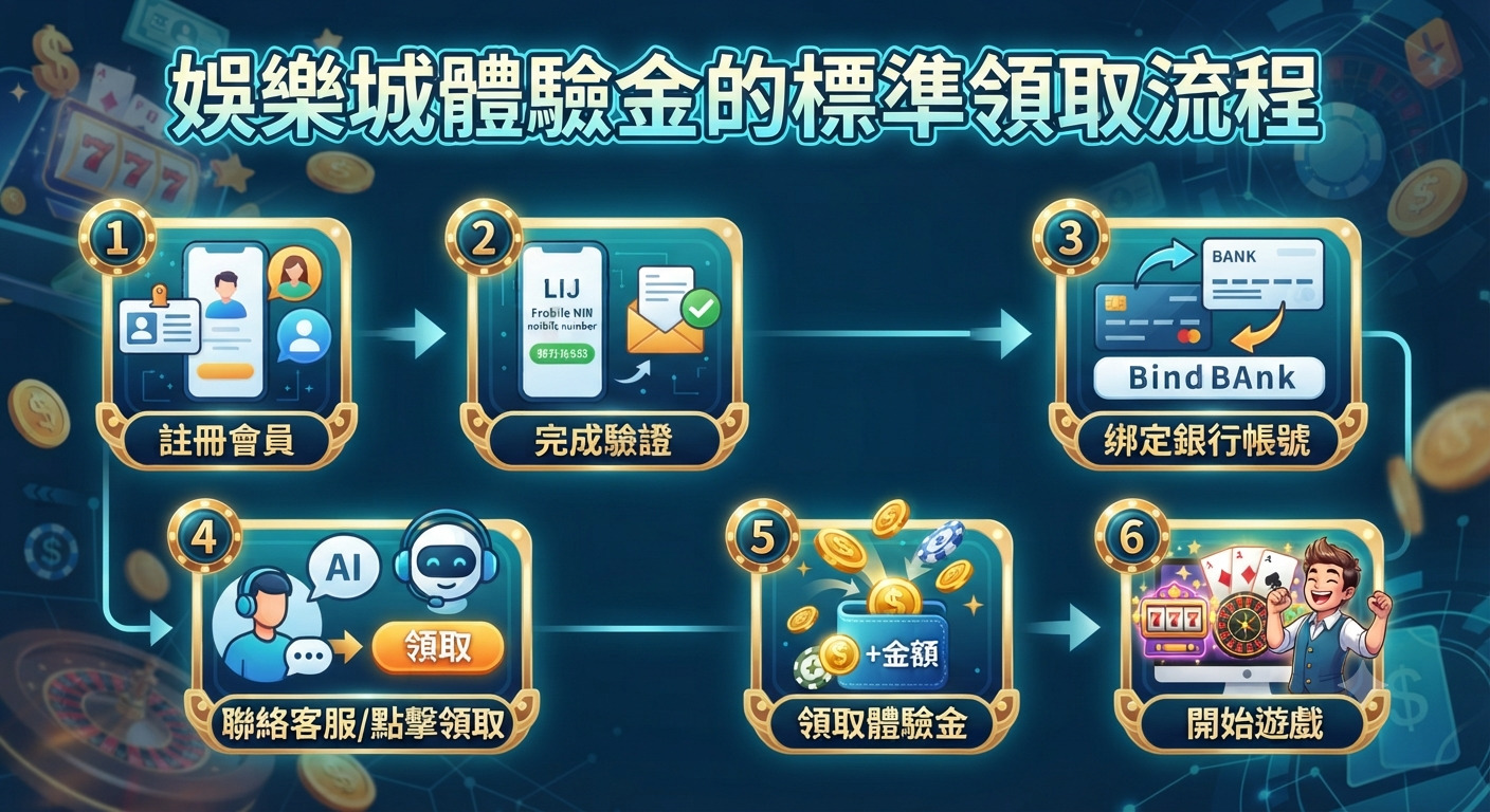 圖片展示了線上娛樂城體驗金的標準領取流程，主要包含註冊、驗證與綁定帳號等步驟。 整體設計採用藍金色調與遊戲元素，頂部清晰標示出完整的主題標題。