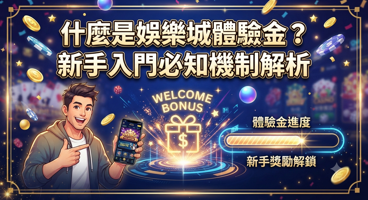 這是一張以「什麼是娛樂城體驗金？新手入門必知機制解析」為標題的精美主題圖。 畫面展現了新手玩家拿著手機領取娛樂城註冊迎新獎金的豐富元素。