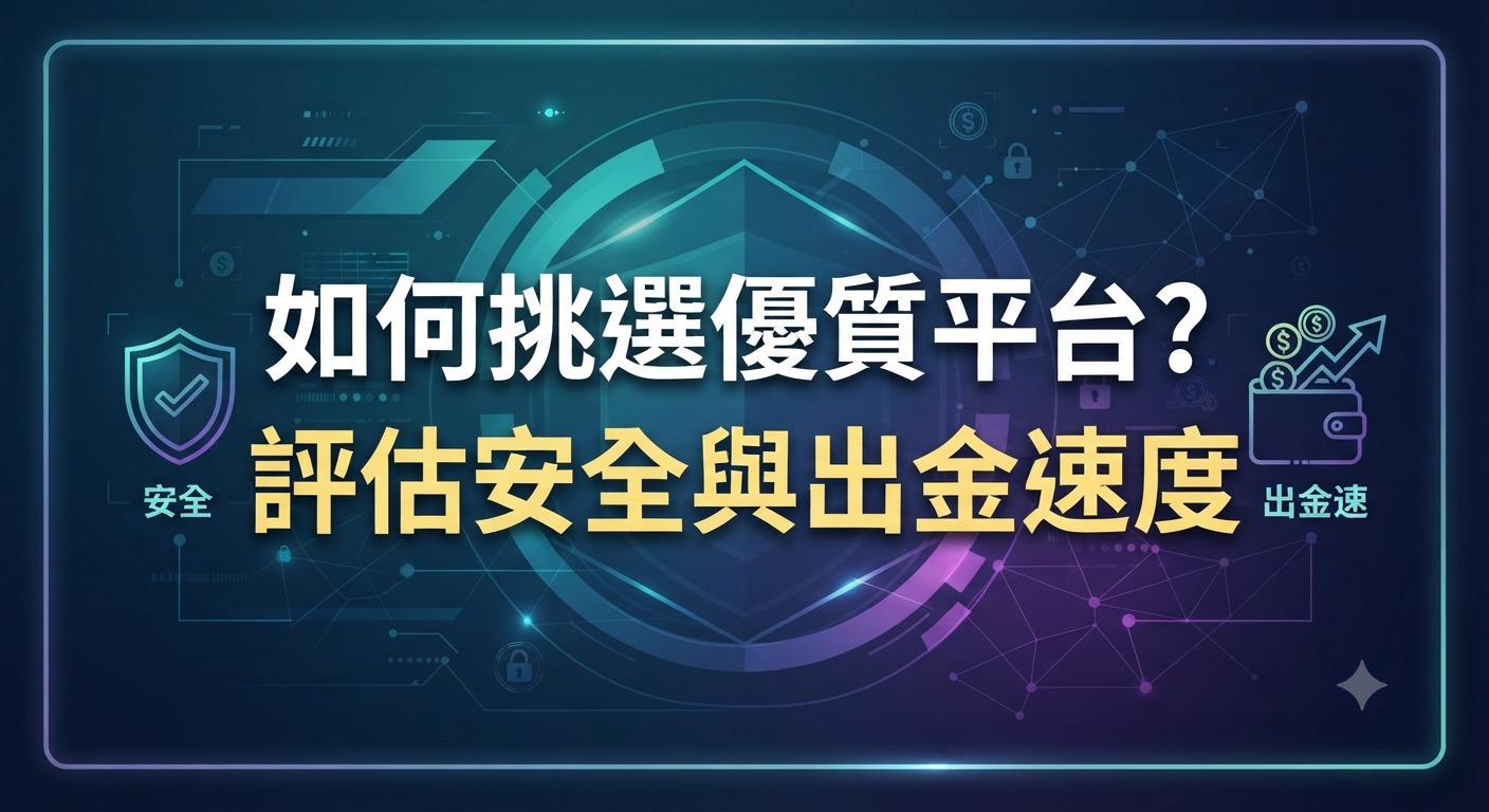 這是一張以「如何挑選優質平台？評估安全與出金速度」為主題的科技風格宣傳圖片。 畫面背景融合了數位安全防護與交易網路的視覺元素，凸顯出安全與資金流動的核心概念。