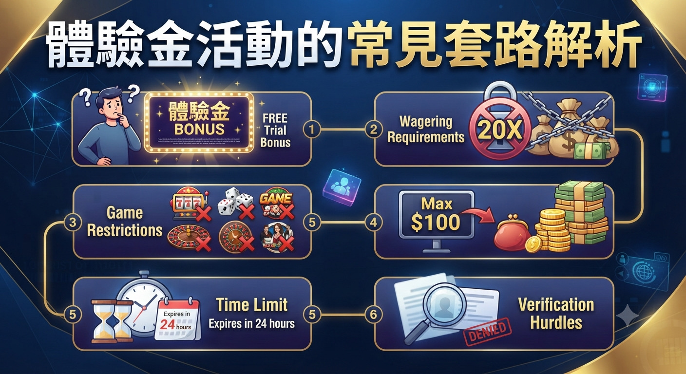 圖片展示了「體驗金活動的常見套路解析」,透過圖表與插畫拆解了線上博弈與優惠活動中常見的流水限制、遊戲限制及提現門檻等陷阱。 整體視覺以深藍色科技感為背景,並以清晰的圖示幫助讀者快速識別各項隱藏條款。
