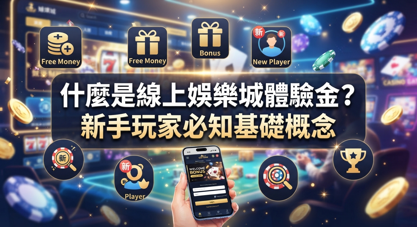 這是一張專為新手玩家設計的線上娛樂城體驗金介紹圖片,畫面中央醒目地呈現了「什麼是線上娛樂城體驗金?新手玩家必知基礎概念」的主題文字。 背景融合了線上賭場的遊戲元素、籌碼以及正在使用手機操作娛樂城的畫面。