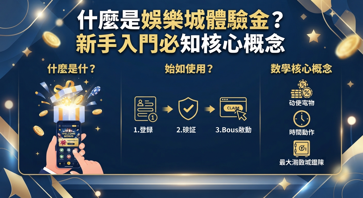 這張圖片以深藍色與金色為主調,上方醒目地顯示了「什麼是娛樂城體驗金?新手入門必知核心概念」的主標題。 畫面下方透過三個區塊,分別用圖示與簡短文字介紹了體驗金的定義、領取步驟以及核心概念。