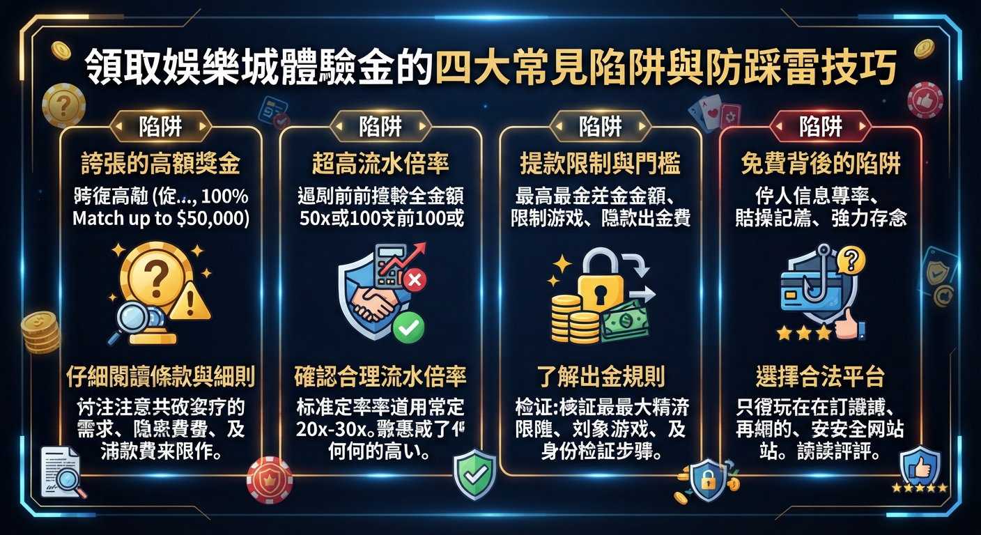 圖片上方醒目地顯示著主標題「領取娛樂城體驗金的四大常見陷阱與防踩雷技巧」。 下方則以圖文並茂的四個區塊,詳細解析了高額獎金、超高流水等陷阱及對應的防範技巧。
